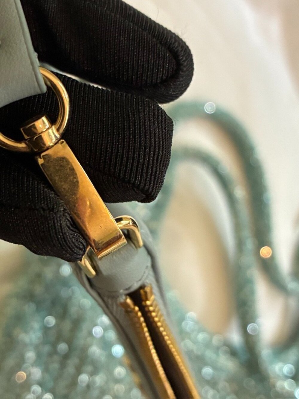 Miu Miu Ivy Sequin Mesh Bag in the anise/turquoise colorway - Picture 8 of 12